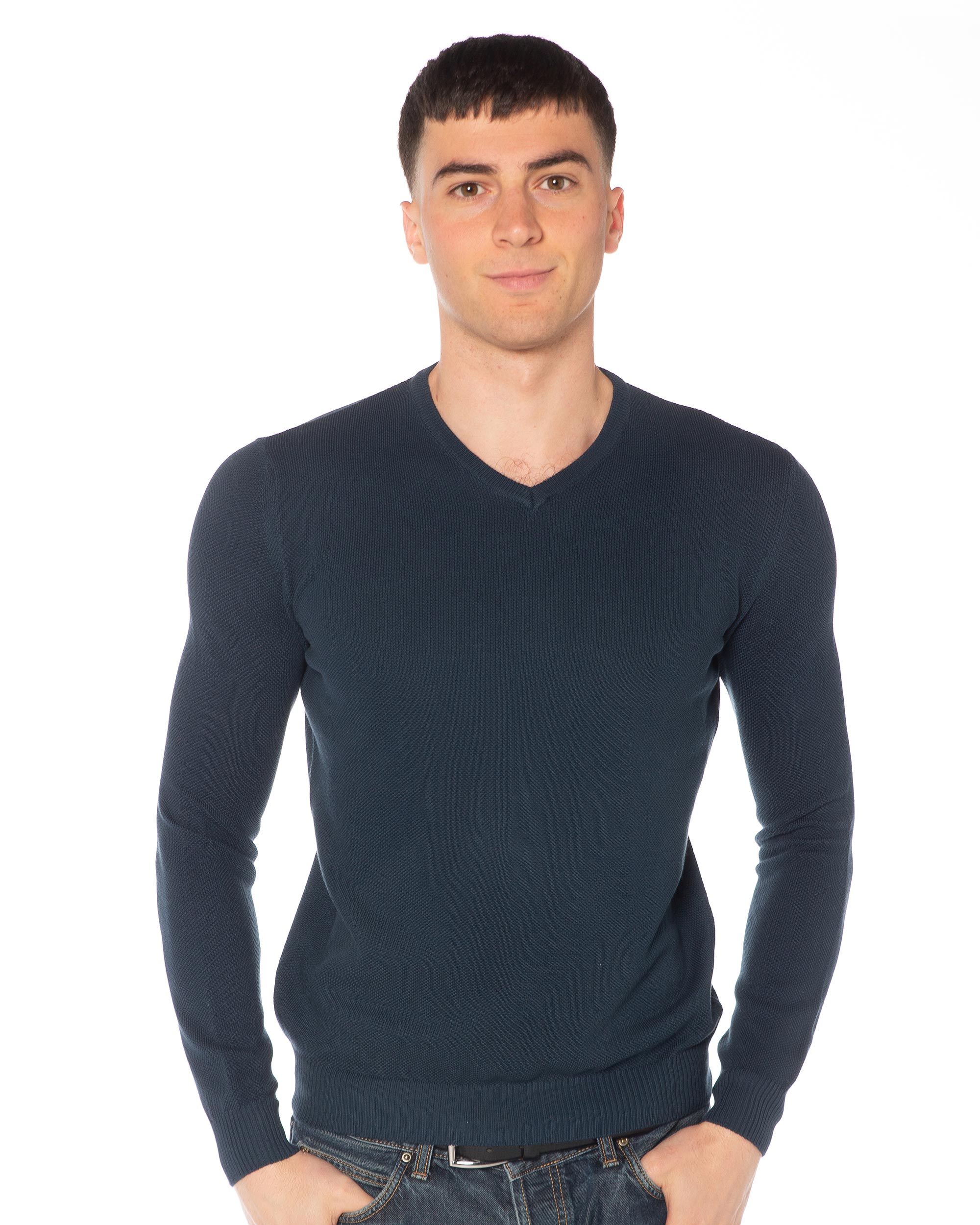 Scollo a V E004U-V 100_ cotone Blu Washed Fronte