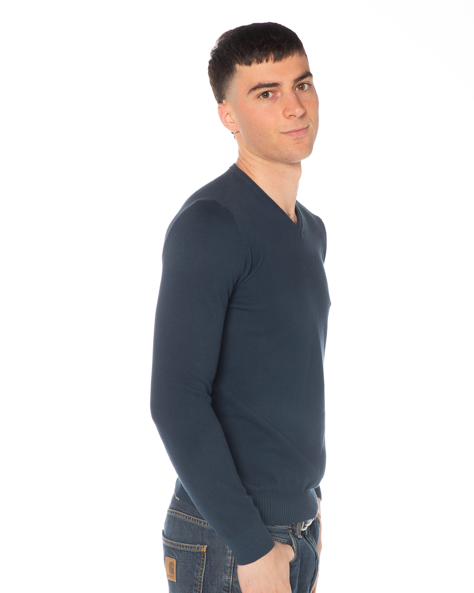 Scollo a V E004U-V 100_ cotone Blu Washed Lato