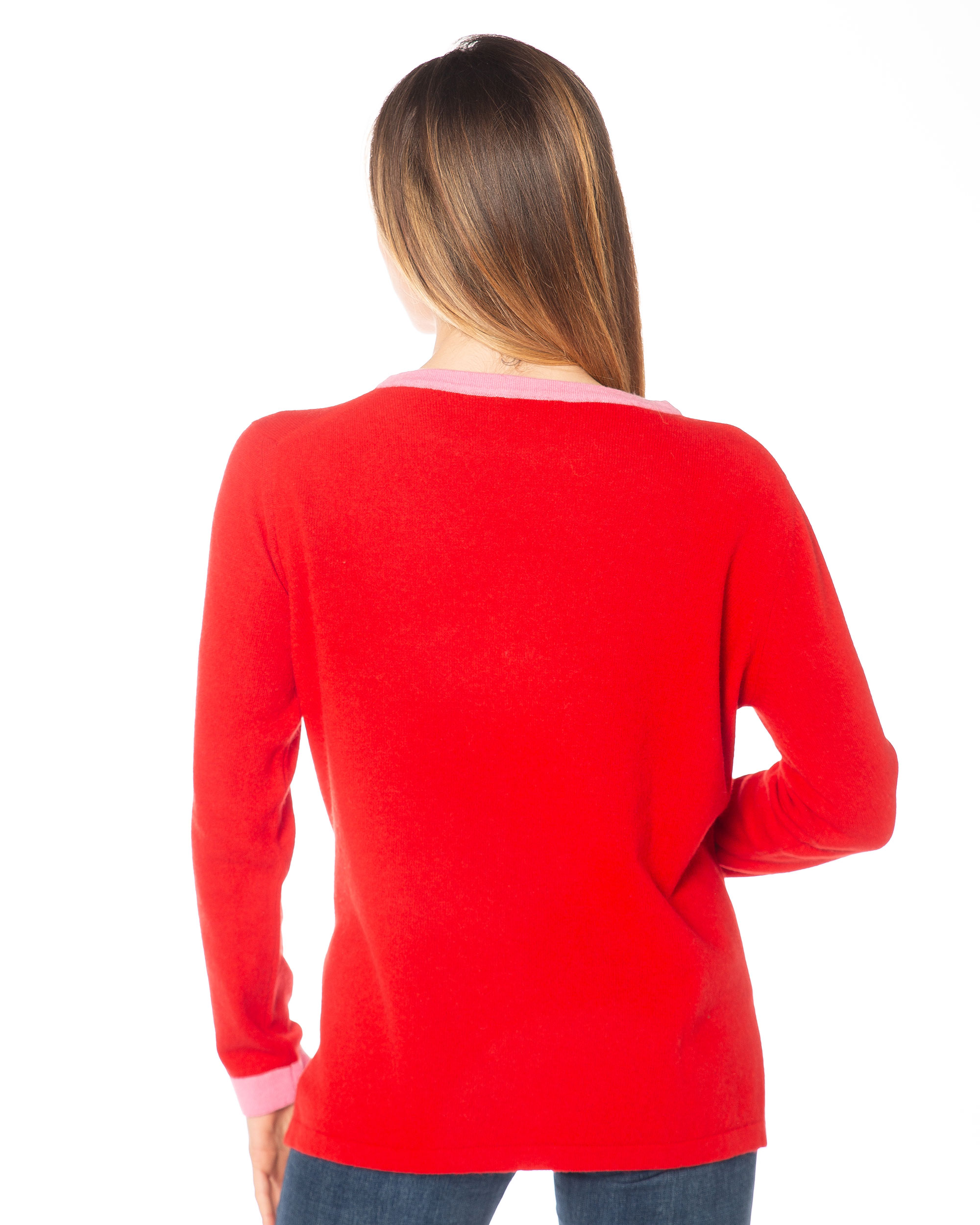 Retro maglia bicolore rosso e rosa in misto cashmere, collo e fondo a tubolare, comfort e artigianalità firmati Rinaldi Cashmere.