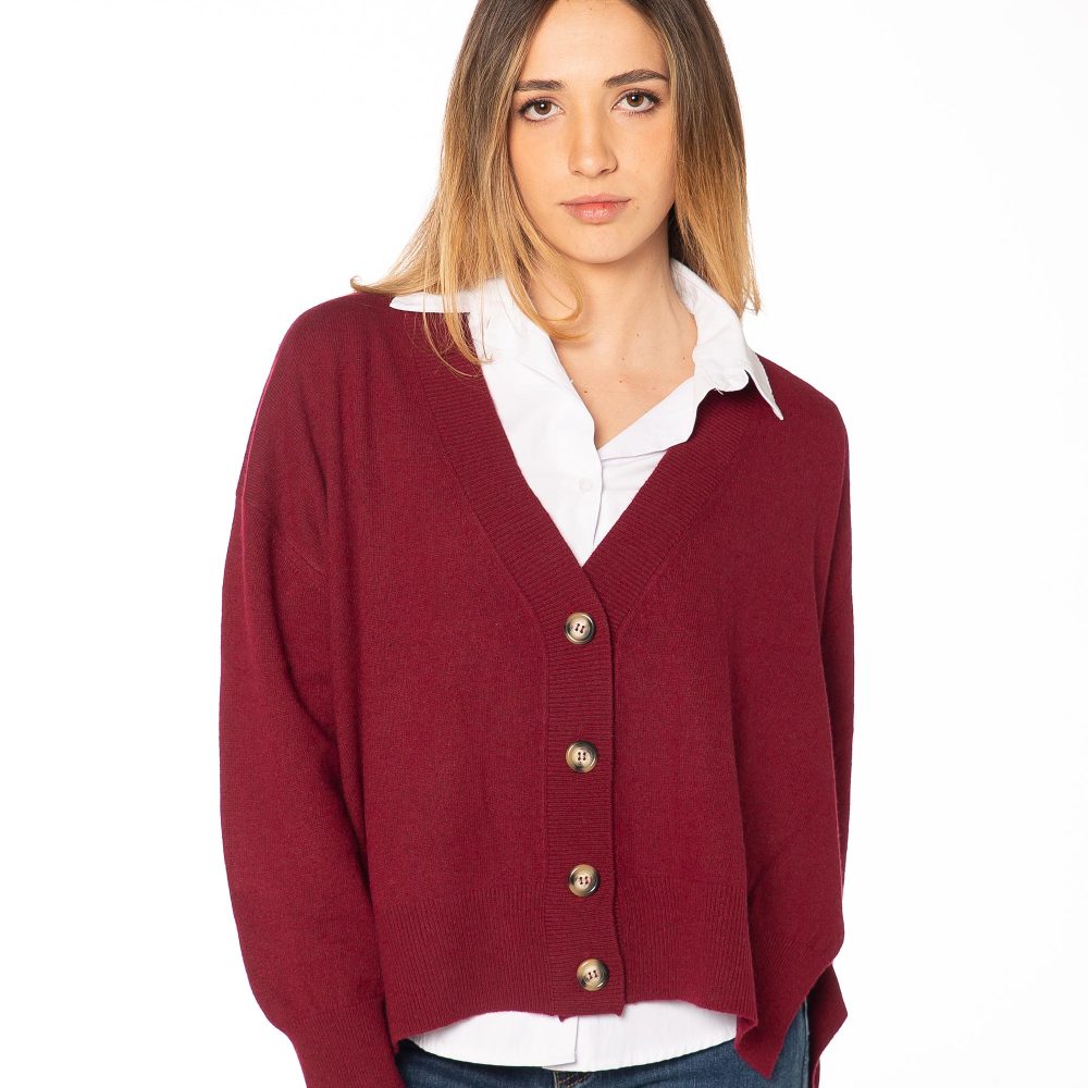 Collezione DONNA 4 Cardigan donna bordeaux in misto cashmere Rinaldi Cashmere, vista frontale sofisticata