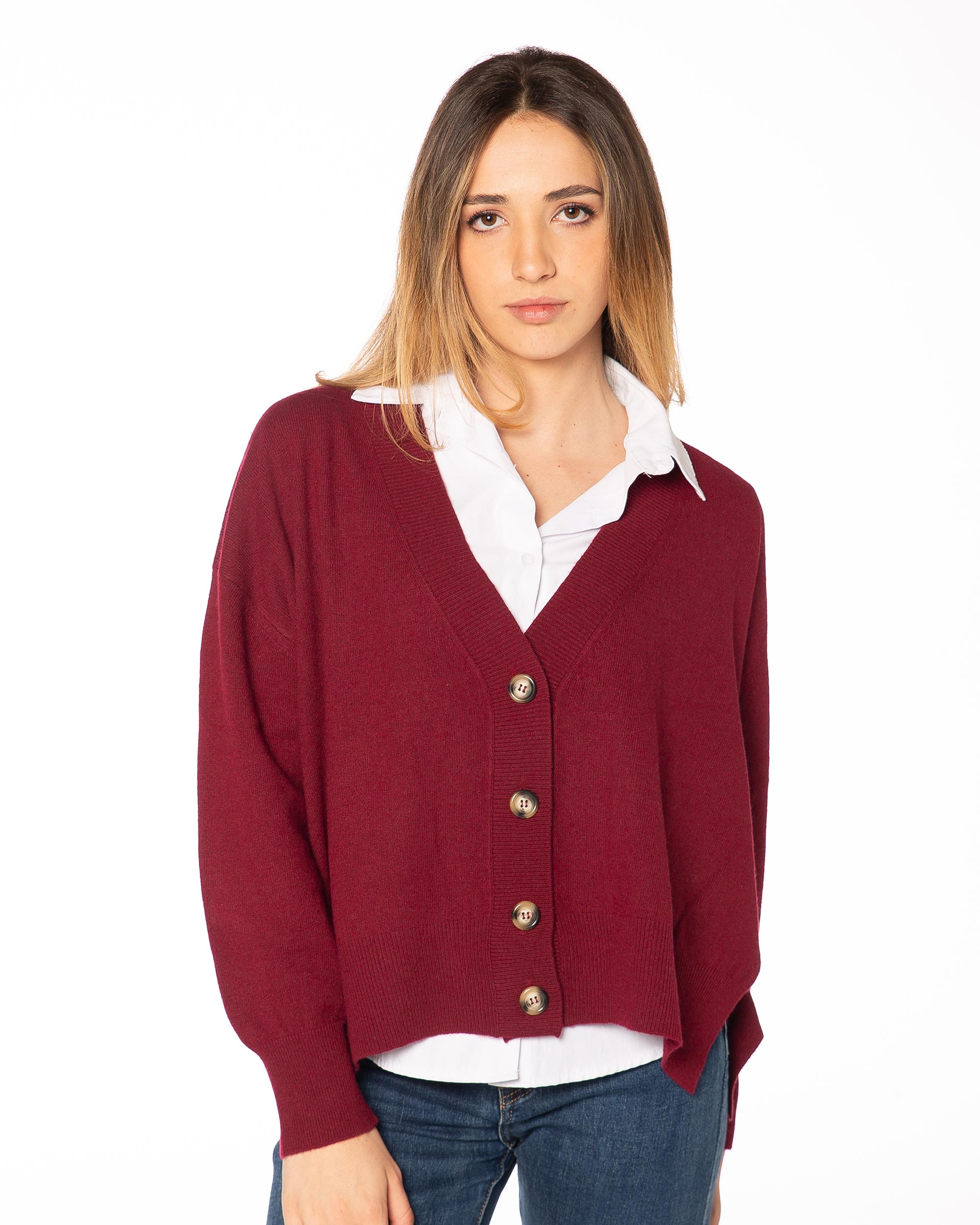 Cardigan donna bordeaux in misto cashmere Rinaldi Cashmere, vista frontale sofisticata