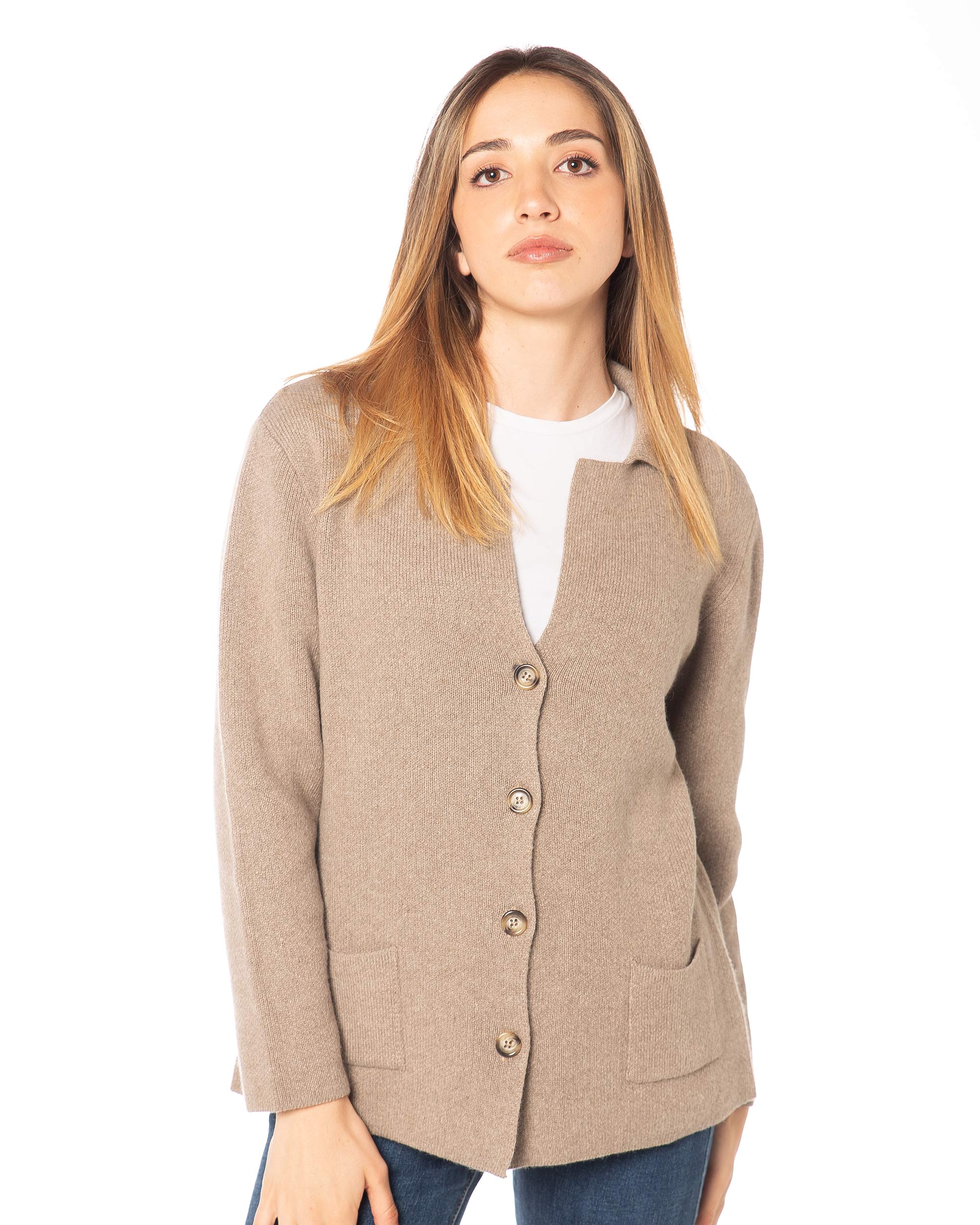 Giacca donna in misto cashmere marrone Rinaldi Cashmere, vista frontale elegante made in Italy