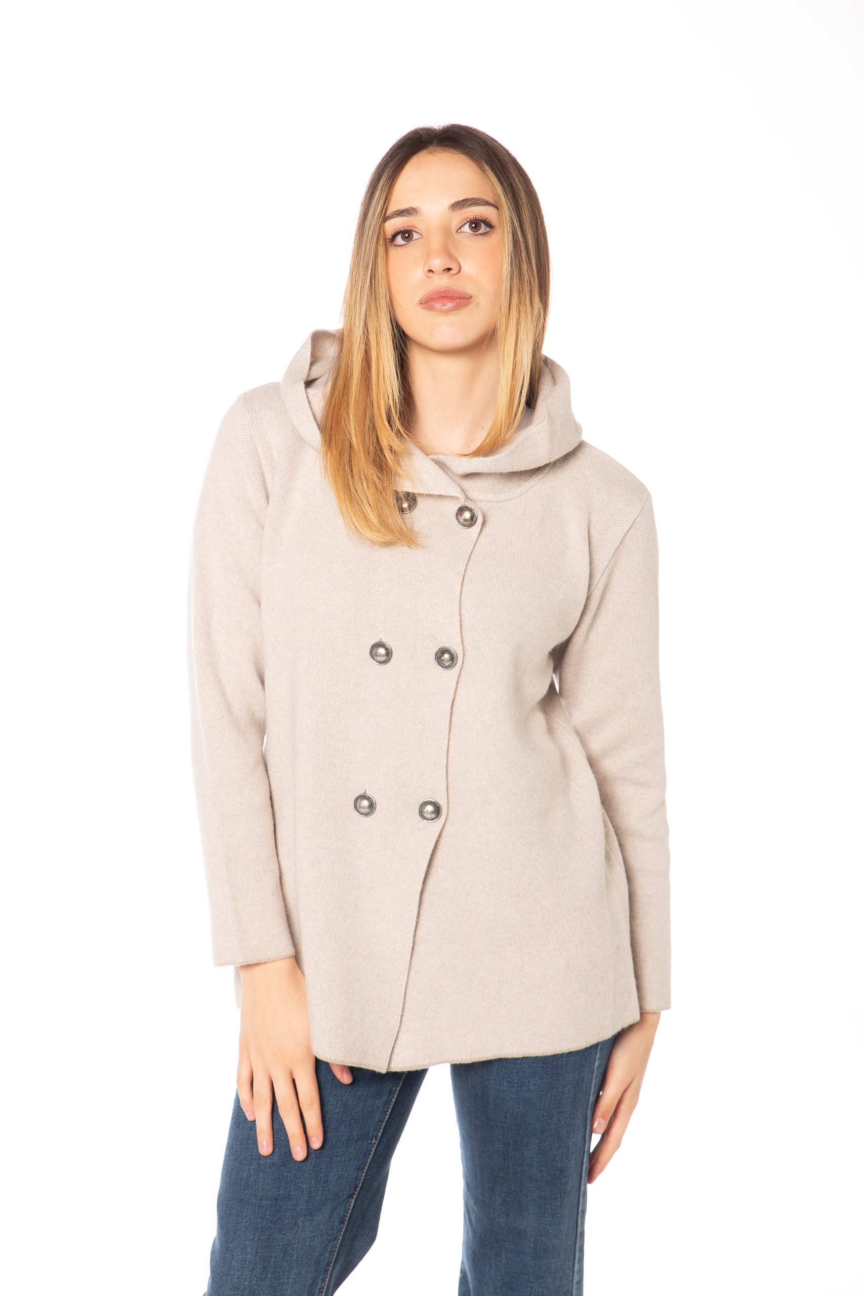 Giacca donna sale e pepe beige-panna Rinaldi Cashmere, vista frontale elegante made in Italy