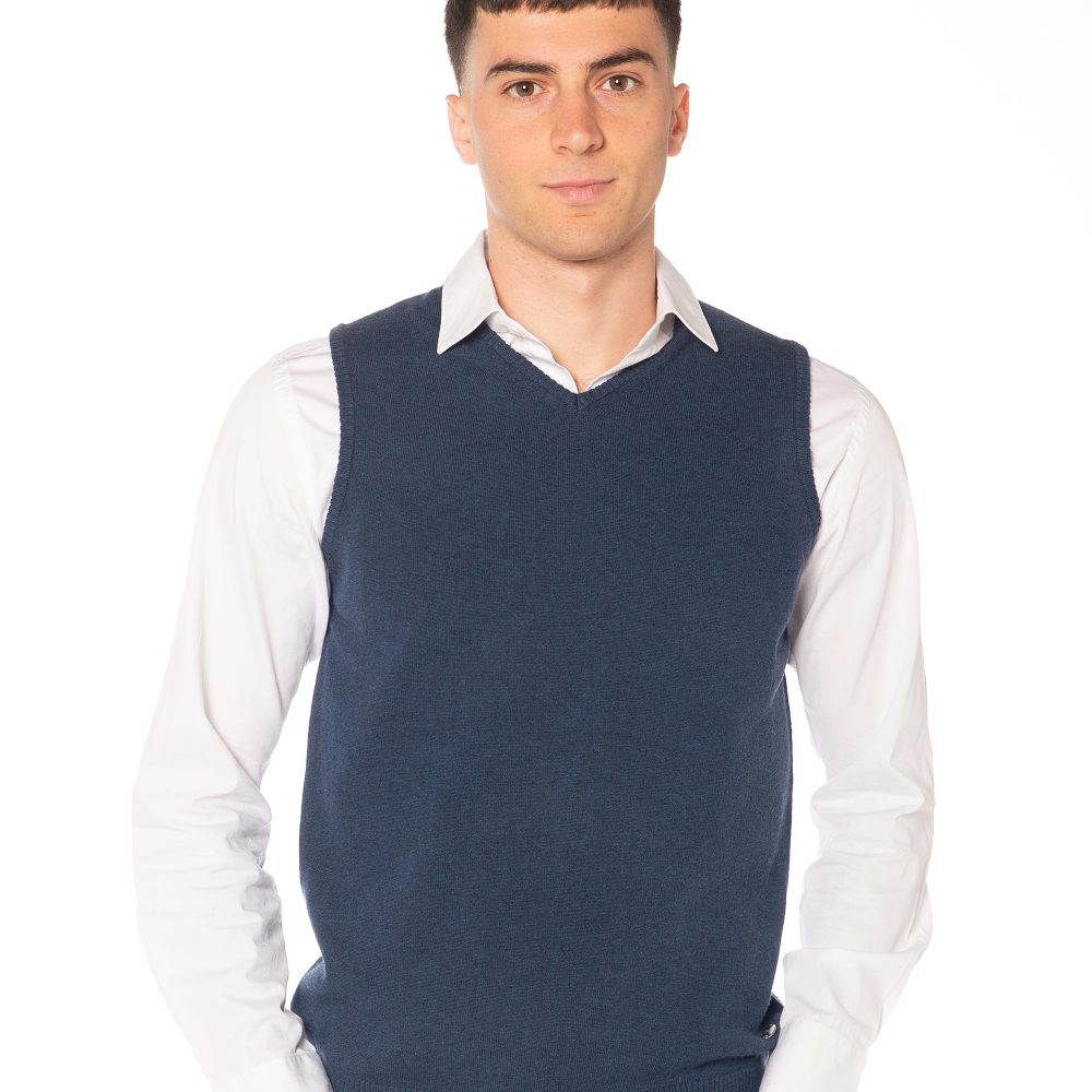Gilet bluette da uomo in lana merinos extrafine, scollo a V e finiture a coste, stile elegante e confortevole.