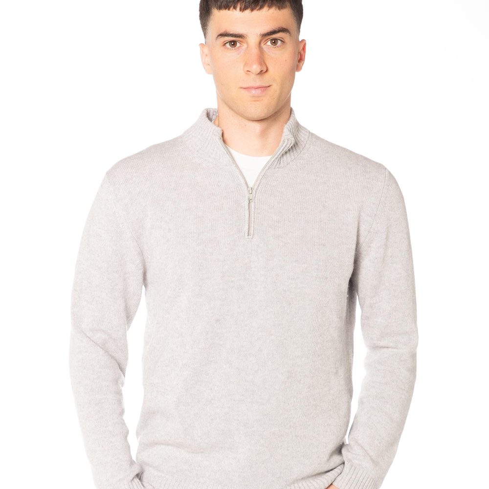 Mezza zip grigia da uomo in misto cashmere, collo lupetto e zip corta, lavorazione liscia e moderna – Rinaldi Cashmere.