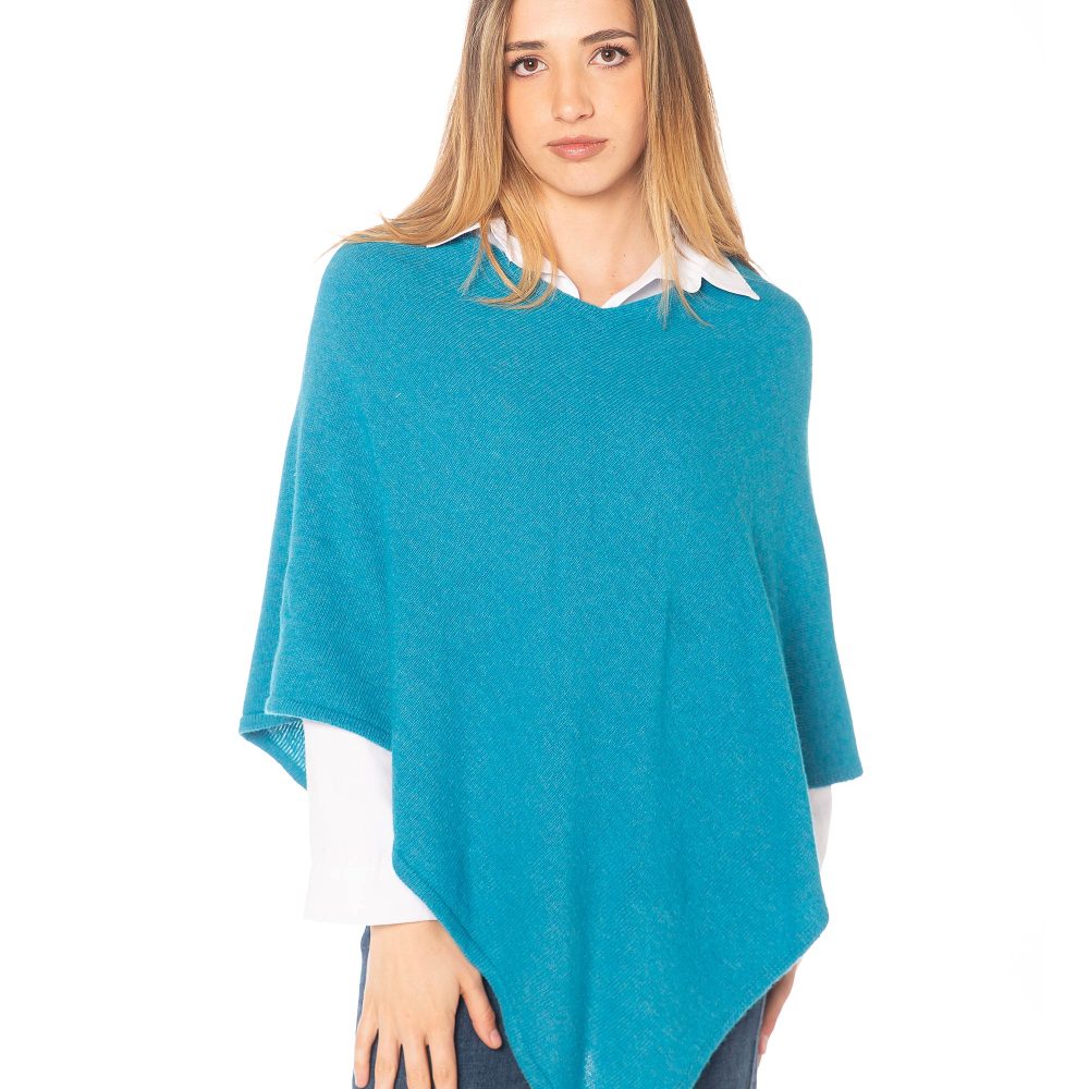 Poncho Donna in misto cashmere color ottanio, finezza 7, linea morbida e contemporanea – Rinaldi Cashmere
