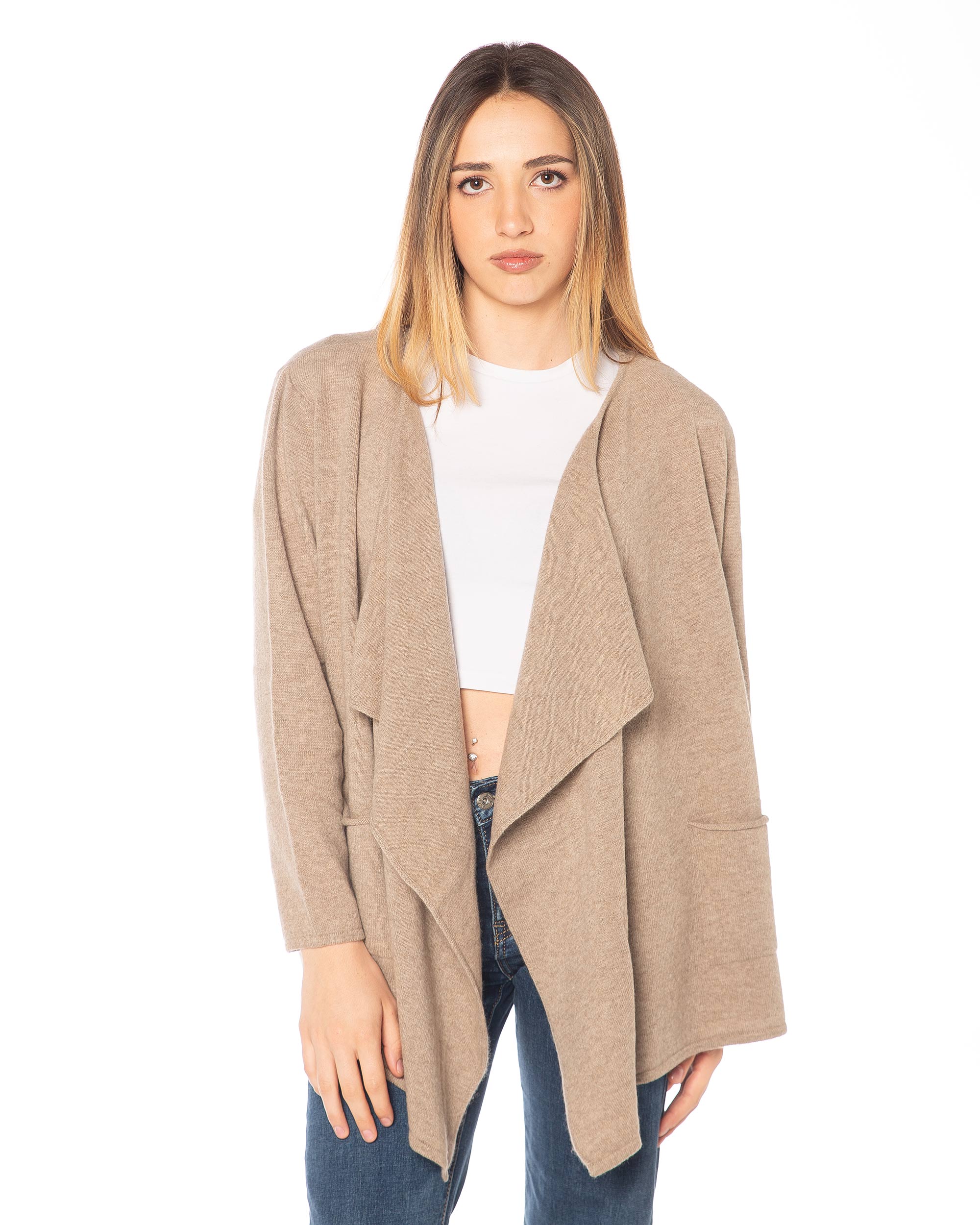 Spolverino donna in puro cashmere marrone Rinaldi Cashmere, vista frontale elegante made in Italy