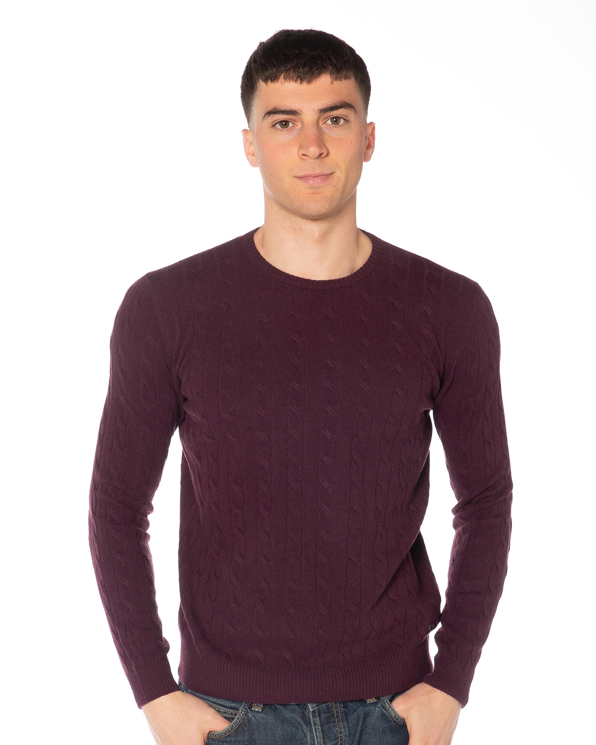 Treccia I005U 10% Cashmere Viola Fronte Maglione uomo viola in misto cashmere con lavorazione a trecce, paricollo e finiture a coste – Rinaldi Cashmere.