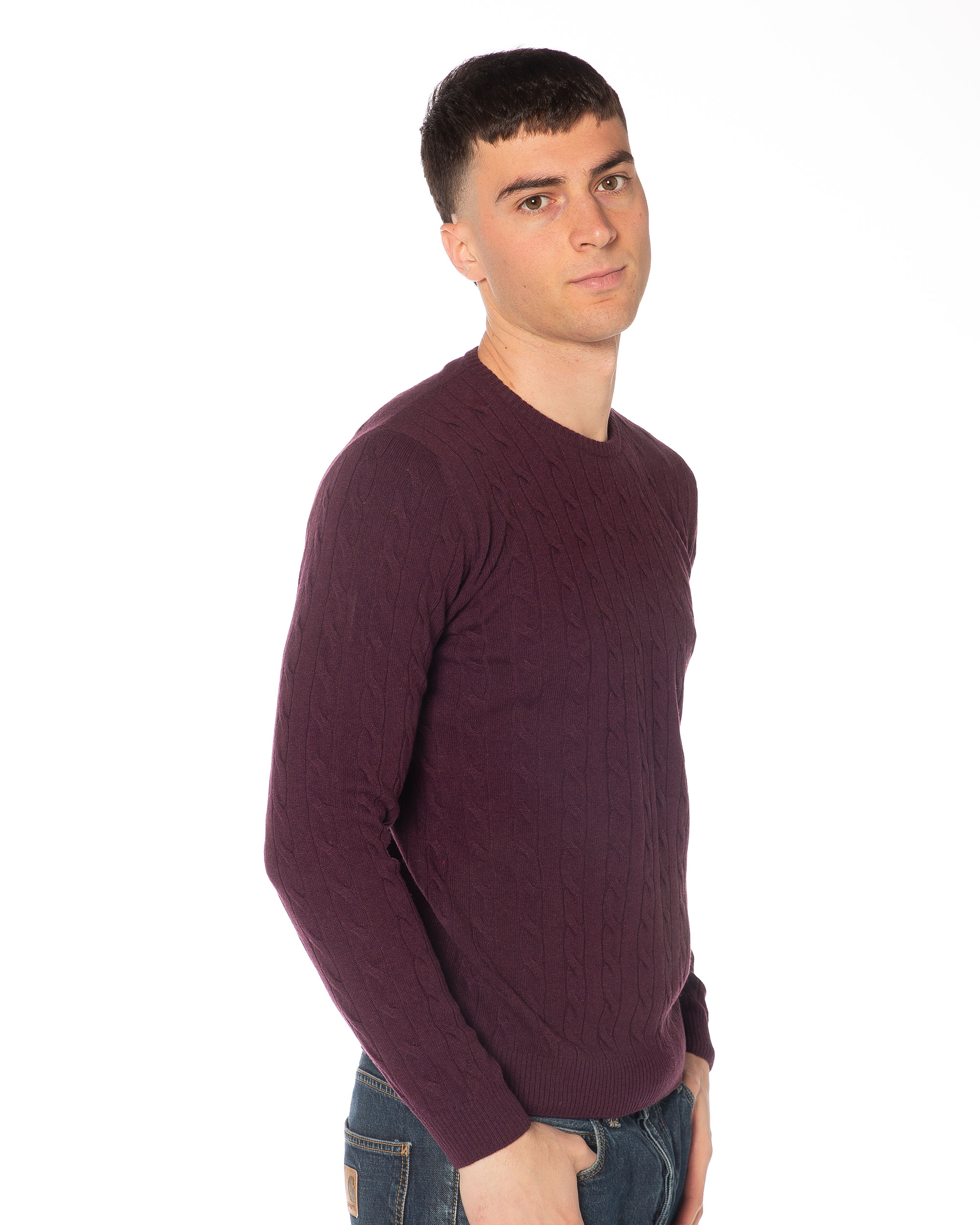 Treccia I005U 10% Cashmere Viola Lato Pullover viola uomo in misto cashmere, texture a trecce morbida e raffinata, vestibilità regolare.